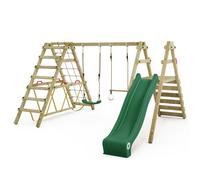 Balançoire double bois WICKEY Smart Shake avec toboggan 220 cm vert et module d’escalade - 10 ans de garantie*