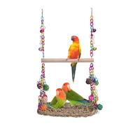 Balançoire en bois pour oiseaux, perchoir en bois avec hamac tissé en jonc de mer, jouet à mâcher pour cage de calopsitte, perroquet, conure, inséparables, grimper debout, intérieur et extérieur