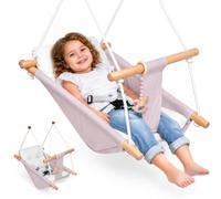 Balançoire Enfant 3 en 1, Balancoire Bebe Exterieur Intérieure, balançoire en Bois avec Ceinture de sécurité et Coussin en Coton, réglable Siege Enfant Suspendu pour Enfants de 6 à 36 Mois