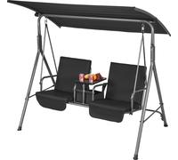 balançoire hollywoodienne 2 places Balançoire de terrasse avec baldaquin réglable, sac de rangement et plateau tournant Tissu Oxford et cadre en acier allié pour balcon arrière-cour Noir