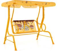Balançoire hollywoodienne pour enfants COSTWAY, balançoire pour enfants 2 places avec toit solaire réglable & ceintures de sécurité, balançoire de jardin pour enfants jaune