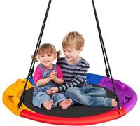 Balançoire Nid d’Oiseaux Ronde D.100CM-GOPLUS-Charge 150KG avec Oreiller à Poignée-Cordes Réglables 100-160CM Multicolore