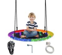 Balançoire Nid d'Oiseau Ronde D.100cm-GOPLUS-LED 8 Modes-Charge 300KG-2 Cordes Réglables à 100-160CM Multicolore