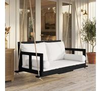 Balançoire suspendue en bois d'acacia - Double siège de jardin - Avec coussin - Lavable - Deux cordes - Pour terrasse, balcon, détente - Sans armature (noir + polyester)