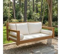 Balançoire suspendue en bois d'acacia - Double siège de jardin - Avec coussin - Lavable - Deux cordes - Pour terrasse, balcon, détente - Sans armature (bois + polyester)