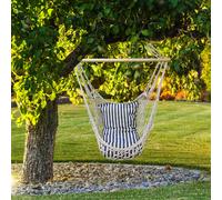 Balançoire Suspendue Fauteuil Hamac à Bleu Blanc Rayé Bois Coton Coussin