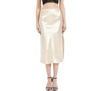 BALAYSIER Jupe Satin Femme Taille Elastiquée Cachée Jupes Mi Longue Fendue sur Le Côté Jupe-Midi(Beige,S)