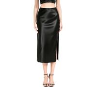 BALAYSIER Jupe Satin Femme Taille Elastiquée Cachée Jupes Mi Longue Fendue sur Le Côté Jupe-Midi(Noir,M)