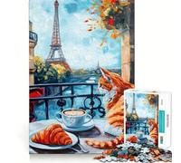 Balcon Parisien avec Chat et Croissant Puzzle de 1000 pièces pour Adultes Jeu de réflexion et de détente Bordure Nette Cadeau de qualité supérieure (38x26cm)