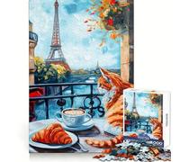 Balcon Parisien avec Chat et Croissant Puzzle Difficile de 1000 pièces pour Adultes Jeu de logique Solide Moments de complicité Bords Nets (38x52cm)