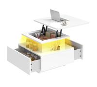 Balconera Table basse avec plateau relevable, 60 x 60 x 45 cm, finition laquée brillante, guirlande lumineuse LED et 2 tiroirs