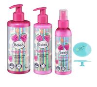 Balea Happy Berry Lot de 3 shampooings pour peignage léger 250 ml + après-shampoing peignant léger Happy Berry 200 ml + Spray pour peignage léger Happy Berry 150 ml + Bonus : 1 éponge en silicone