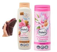 Balea Lot de 2 - Bain moussant Soft Amande (750ml) + Crème Douche Amandier & Magnolia (300ml) + Bonus Brosse de Massage Hypoallergénique pour tout le corps