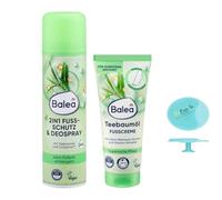 Balea Lot de 2 : protection des pieds et déodorant en spray 2 en 1 (200 ml) + crème pour les pieds à l'huile d'arbre à thé (100 ml) + éponge en silicone