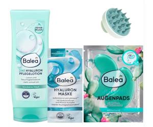 Balea Lot de 3 lotions de soin à l'acide hyaluronique 200 ml + masque visage à l'acide hyaluronique (2 x 8 ml), 16 ml + coussinets pour les yeux Hydrogel à l'eau de cactus (1 paire), 2 brosses de