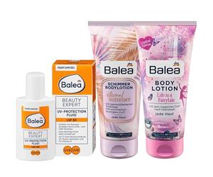 Balea Lot de 3 soins de la peau : Beauty Expert PROTECTION UV FLUID avec triple acide hyaluronique SPF 50 (50 ml) + Lotion corporelle chatoyante ETERNAL SUMMER (200 ml) + Lotion corporelle Life is