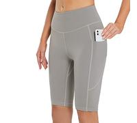BALEAF Short de motard taille haute pour femme - Sensation nue - Longueur genou - Legging de yoga de compression - Short d'entraînement avec poches, Gris, L