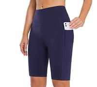 BALEAF Short de motard taille haute pour femme - Sensation nue - Longueur genou - Legging de yoga de compression - Short d'entraînement avec poches, bleu marine, XL