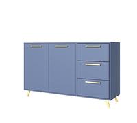 Bali Buffet avec 3 tiroirs et portes Bleu 140 cm Meuble de rangement moderne Kommode fonctionnel pour salon ou chambre à coucher