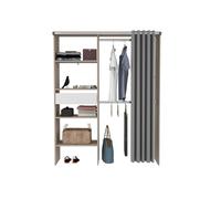 BALI - Dressing avec rideau, 4 étagères, 2 penderies et un tiroir bois et blanc