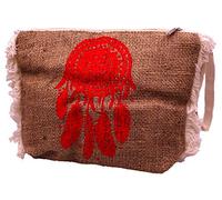 BALI PAPAYA Sac à main Toile de jute Pochette Trousse Maquillage Toilette Ethnique Vintage Artisanal Doublé Bohème Femme Écologique Naturel Dreamcatcher Attrape rêve Dream Catcher Rouge