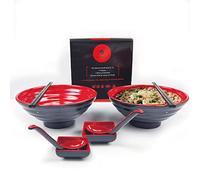 BALIBETOV Bol Ramen Set - Comprend des Bol Japonais en Mélamine, Baguettes, Cuillère et Petit Plat Pour Sauce - Idéal pour Ramen Japonais, Soupe Chinois ou Soupe Pho- 2 sets,8 pcs (Rouge, 2)