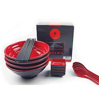BALIBETOV Bol Ramen Set - Comprend des Bol Japonais en Mélamine, Baguettes, Cuillère et Petit Plat Pour Sauce - Idéal pour Ramen Japonais, Soupe Chinois ou Soupe Pho (Rouge, 4)