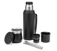 BALIBETOV Ensemble complet Yerba Mate - Gourde moderne (270 ml), Flacon isotherme avec 2 becs verseurs (1000 ml), 2 pailles Bombilla - Kit de qualité supérieure. Noir
