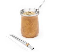 BALIBETOV Moderne Calebasse Maté Yerba (Tasse Maté) et Bombilla Maté - Acier Inoxydable 18/8 à Double Paroi - Comprend Deux Bombillas et Une Brosse de Nettoyage (Bois)