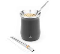 BALIBETOV Moderne Calebasse Maté Yerba (Tasse Maté) et Bombilla Maté - Acier Inoxydable 18/8 à Double Paroi - Comprend Deux Bombillas et Une Brosse de Nettoyage (Noir)