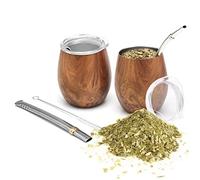 BALIBETOV Tasse maté Double Set (5 pcs. set) - Ensemble pour Yerba Mate En Acier Inoxydable- Inc. 2 Tasse Mate (Mate Gourde), 2 Bombilla Maté et Brosse de Nettoyage - idéal pour partager (Bois)
