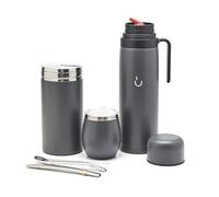 BALIBETOV Yerba Mate Tasse Set - Modern Yerba Mate Tasse, Thermos, Yerba Mate Conteneur (Yerbero), Bombilla (Mate Paille) et brosse de nettoyage - Acier inoxydable 304 18/8 (Gris)