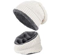 Balinco Bonnet Chaud doublé + écharpe avec Doublure en Polaire de Nounours avec Motif tressé Bonnet d'hiver Taille Unique pour Femmes & Hommes Bonnet (4A) (Blanc/Gris)