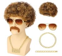 Balinco Kit afro - Perruque bouclée avec lunettes et collier - Costume complet pour carnaval, Halloween et cosplay - Déguisement unisexe pour adultes et enfants