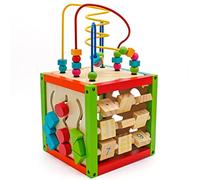 Balinco MOTORIQUE, Cube d'activités bébé, 5 Faces avec Labyrinthe de Perles, boulier, Formes à emboîter, Blocs de Chiffres, Labyrinthe Coulissant, Jouets en Bois dès 6 Mois