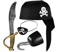 Balinco Set de pirate 4 pièces pour enfants comprenant un chapeau de pirate noir + un sabre + un cache-il + un crochet de pirate - Set de costume pour Mardi Gras/Carnaval