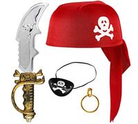 Balinco Set de Pirate 4 pièces pour Enfants Comprenant Un Chapeau de Pirate Rouge + Un Sabre + Un Cache-il + Une Boucle d'oreille en Or - Set de Costume pour Mardi Gras/Carnaval