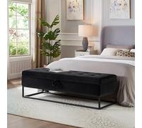 Ball & Cast Banc ottoman de rangement en velours de 148,8 cm, banc de lit avec charnière de sécurité et pieds en métal doré, banc d'entrée moderne, repose-pieds avec coussin touffeté à boutons pour