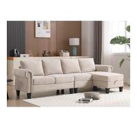 Ball & Cast Canapé convertible en lin de 269,2 cm avec espace de rangement, canapé 4 places rembourré avec coussin de dossier et ottoman amovible pour salon, appartement, bureau, beige