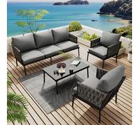 Ball & Cast Ensemble de Meubles de Balcon avec canapé 3 Places, 2 fauteuils et Table Basse en Acier galvanisé, Meubles de Salon d'extérieur avec Plateau en Verre, Gris