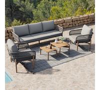 Ball & Cast Ensemble de Meubles de Jardin en rotin 5 pièces avec Corde tressée et 2 Tables Basses, 2 fauteuils et Coussins pour Meubles de Salon, Meubles de terrasse, Salon de Jardin, Gris