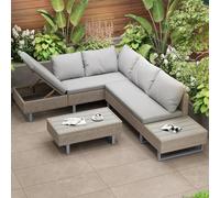 Ball & Cast Ensemble de Meubles de Jardin en rotin 5 pièces avec Coussins de siège Amovibles et lavables - Ensemble Salon avec canapé d'angle et Table Basse pour terrasse/Jardin - Couleur Kaki