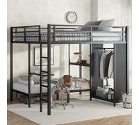 Ball & Cast Lit superposé king size XL avec bureau pliable et étagères de rangement, cadre de lit superposé en métal avec armoire intégrée et garde-corps pleine longueur, design peu encombrant, sans