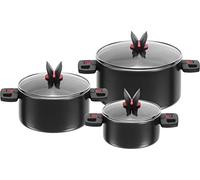 BALLARINI Set 3 casseroles, 3 Couvercles en Verre Inclus, Rondes, Revêtement Anti-Adhésif, Ø 16/20/24 cm, 1,6/3,25/5,6 L, Aluminium, Noir, série Click & Cook