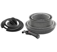 Ballarini Torre Ensemble de poêles et casseroles 7 pièces, revêtement céramique, compatible induction, poignée amovible, deux couvercles avec poignées rabattables, aluminium, gris