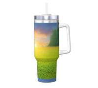 Balle de golf verte imprimée au coucher du soleil,Gobelet isotherme Ice Bully de 40 oz avec poignée, couvercle et paille, en acier inoxydable, pour voiture ou café.