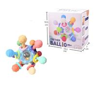 Balle sensorielle rotative avec hochet et anneau de dentition, couleur bleu ciel, conçue pour l'éveil et le jeu des bébés.