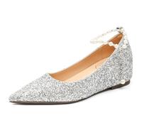 Ballerines de Mariage sans Fatigue Talon Compensé Invisible 5cm avec Chaîne de Perles Escarpins Confortables pour Danser Tissu Pailleté,Argent,37 EU