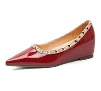 Ballerines Et Escarpins pour Femmes À Talon Compensé Caché en Cuir Verni Clouté Confortables Mocassins De Ville À Enfiler Chaussures À Bout Pointé pour Le Travail,Burgundy 3cm,41 EU
