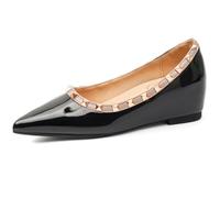 Ballerines Et Escarpins pour Femmes À Talon Compensé Caché en Cuir Verni Clouté Confortables Mocassins De Ville À Enfiler Chaussures À Bout Pointé pour Le Travail,Black 3cm,41 EU